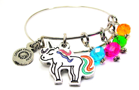 Unicorn With Rainbow Tail And Crystals Expandable Bangle Bracelet