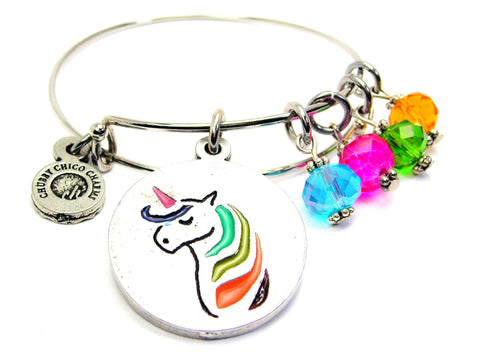 Unicorn With Rainbow Hair And Crystals Expandable Bangle Bracelet