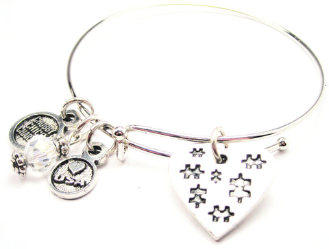 Puzzle Pieces All Over A Heart Expandable Bangle Bracelet