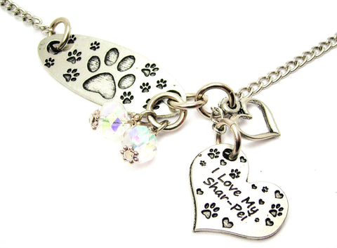 Paw Prints All Over And I Love My Shar-Pei Heart Lariat Necklace