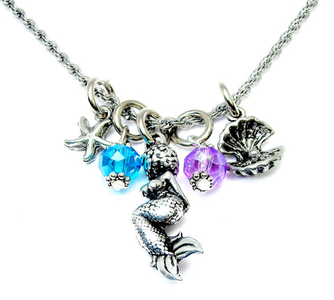 African American mermaid with starfish and oyster20" Chain Necklace
