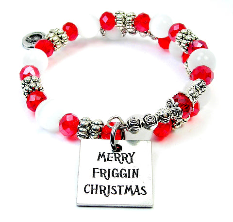 Merry Friggin Christmas red and white Cat's Eye Beaded Wrap Bracelet