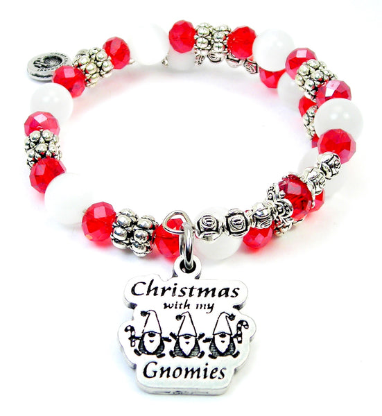 Christmas with my gnomies red and white Cat's Eye Beaded Wrap Bracelet gnome lover