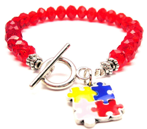 Autism Hand Painted Puzzle Pieces Crystal Beaded Toggle Style Bracelet