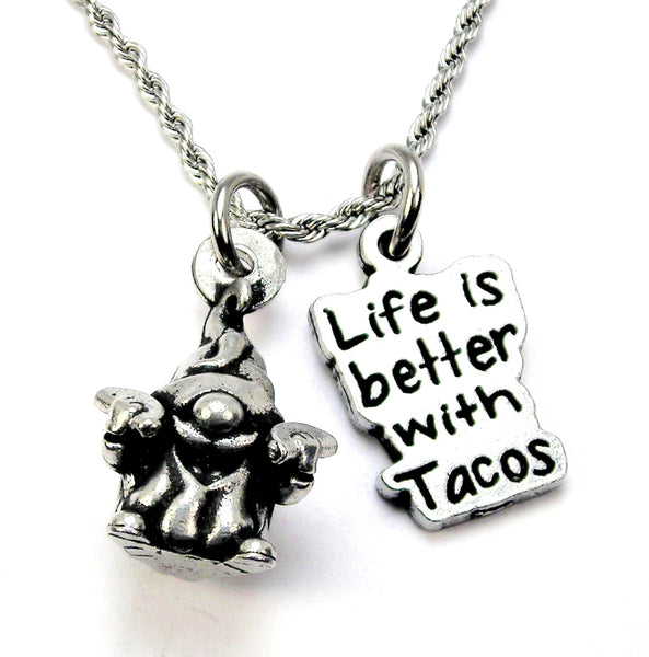 Life is better with tacos with Taco Eating Gnome   20" Chain Necklace