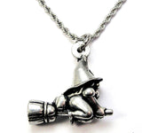 Haunted Witch Gnome Riding her Broom 3D  Charm Necklace