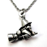 Witch Gnome Riding her Broom 3D Charm Necklace
