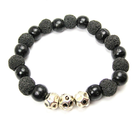 Men's Black Lava Beaded Bracelet with Pewter Accents