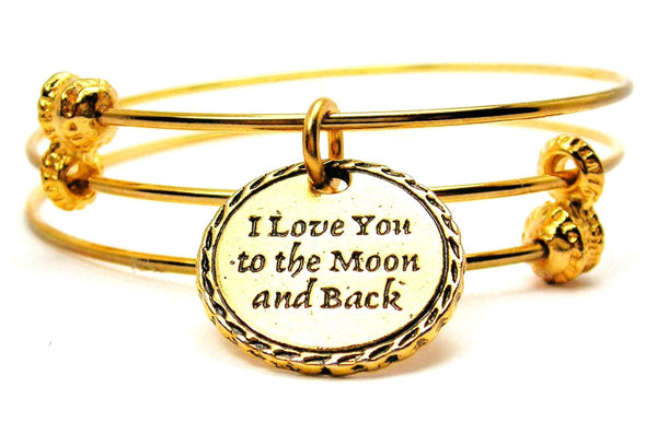 Gold Detailed Trim I Love You To The Moon And Back Triple Style Expandable Bangle Bracelet