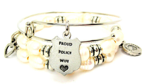 Proud Police Wife Fresh Water Pearls Expandable Bangle Bracelet Set