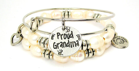 Proud Grandma Fresh Water Pearls Expandable Bangle Bracelet Set