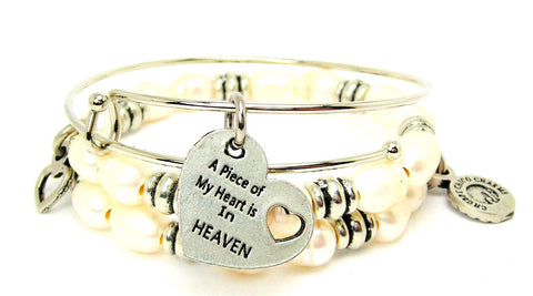 A Piece Of My Heart Is In Heaven Fresh Water Pearls Expandable Bangle Bracelet Set