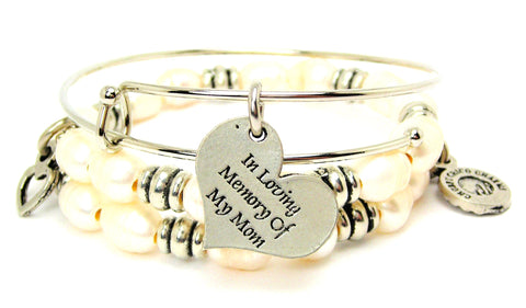 In Loving Memory Of My Mom Fresh Water Pearls Expandable Bangle Bracelet Set