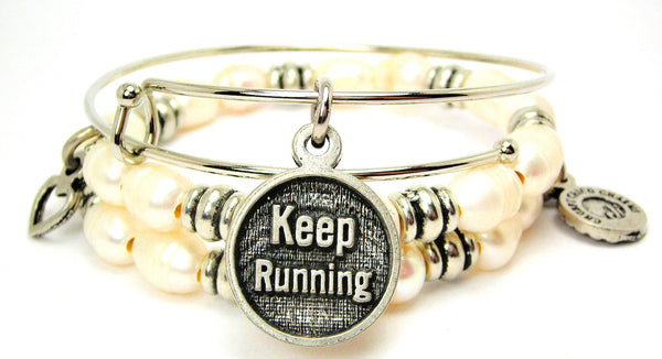 Keep Running Fresh Water Pearls Expandable Bangle Bracelet Set