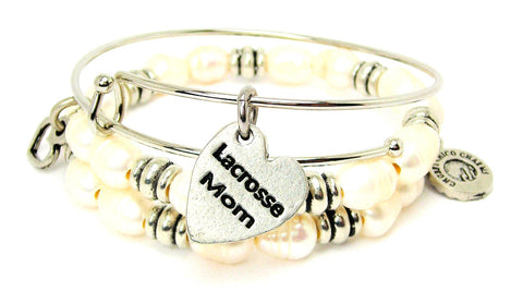 Lacrosse Mom Fresh Water Pearls Expandable Bangle Bracelet Set