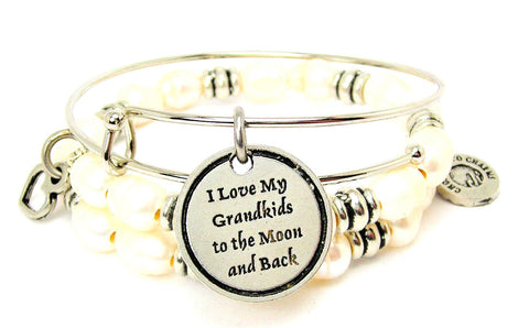 I Love My Grandkids To The Moon And Back Fresh Water Pearls Expandable Bangle Bracelet Set