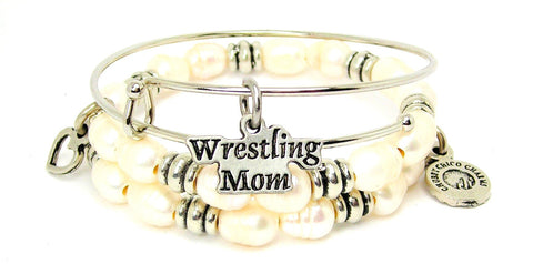 Wrestling Mom Fresh Water Pearls Expandable Bangle Bracelet Set