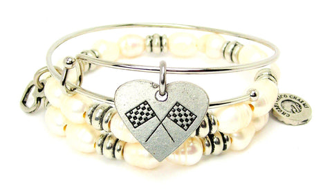 Crossed Race Flags In A Heart Fresh Water Pearls Expandable Bangle Bracelet Set