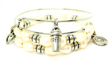 Detailed Coffee Cup Fresh Water Pearls Expandable Bangle Bracelet Set