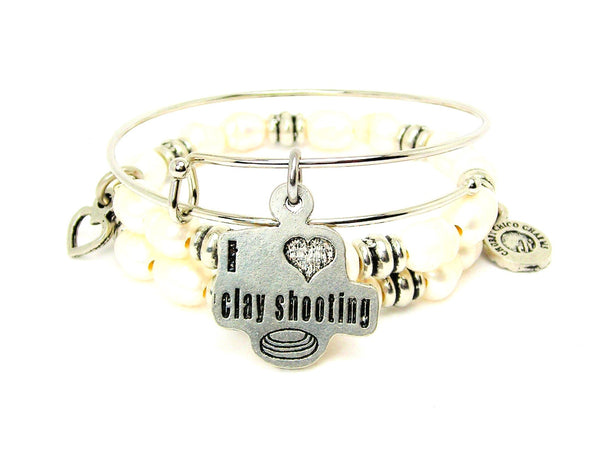I Love Clay Shooting Fresh Water Pearls Expandable Bangle Bracelet Set