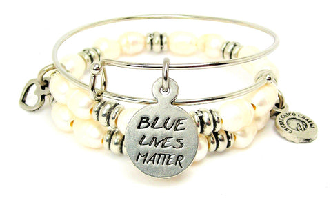 Blue Lives Matter Fresh Water Pearls Expandable Bangle Bracelet Set