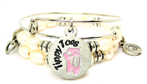 Tippy Toes Hand Painted Rose Pink Fresh Water Pearls Expandable Bangle Bracelet Set