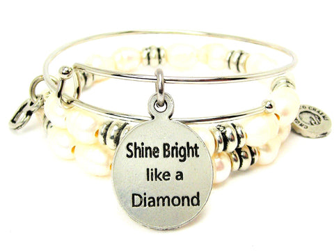 Shine Bright Like A Diamond Fresh Water Pearls Expandable Bangle Bracelet Set