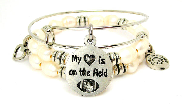 My Heart Is On The Field With Football Fresh Water Pearls Expandable Bangle Bracelet Set