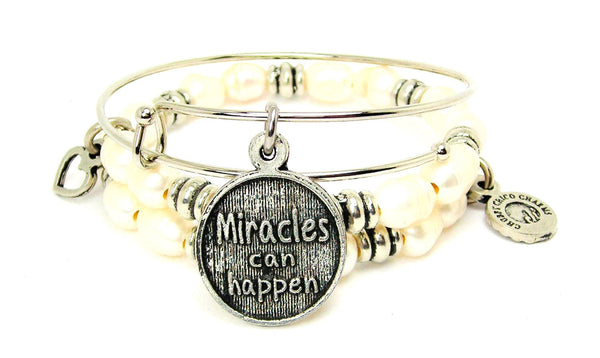 Miracles Can Happen Fresh Water Pearls Expandable Bangle Bracelet Set