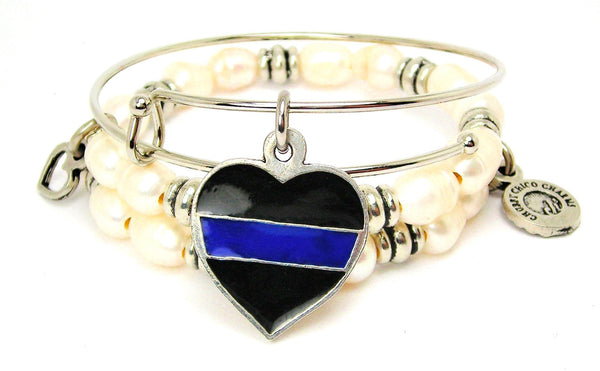 The Thin Blue Live Hand Painted Fresh Water Pearls Expandable Bangle Bracelet Set