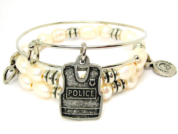 Police Vest Fresh Water Pearls Expandable Bangle Bracelet Set