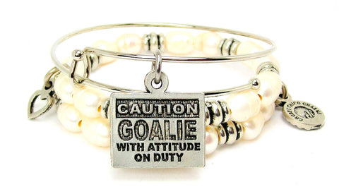 Caution: Goalie With Attitude On Duty Fresh Water Pearls Expandable Bangle Bracelet Set