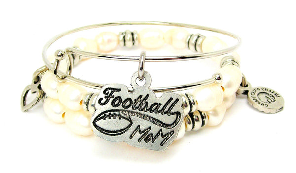 Football Mom With Football Fresh Water Pearls Expandable Bangle Bracelet Set