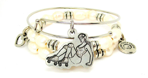 Derby Girl On All Fours Fresh Water Pearls Expandable Bangle Bracelet Set