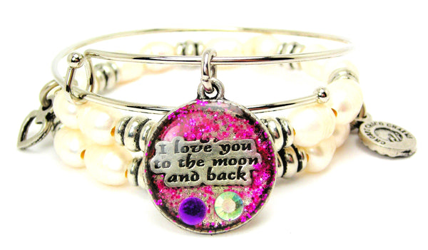 I Love You To The Moon And Back Purple Glitter Resin Fresh Water Pearls Expandable Bangle Bracelet Set