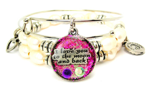 I Love You To The Moon And Back Purple Glitter Resin Fresh Water Pearls Expandable Bangle Bracelet Set