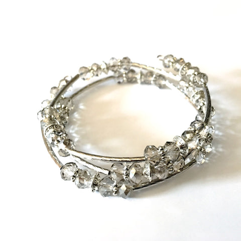 Crystal Beaded Silver Toned Wrap Bracelet