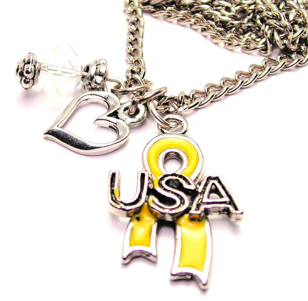 Yellow USA Awareness Ribbon Necklace with Small Heart
