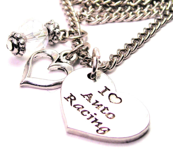 I Love Auto Racing Heart Necklace with Small Heart