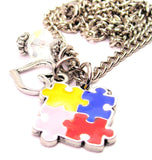 Hand Painted Little Puzzle Pieces Autism Awareness Necklace with Small Heart