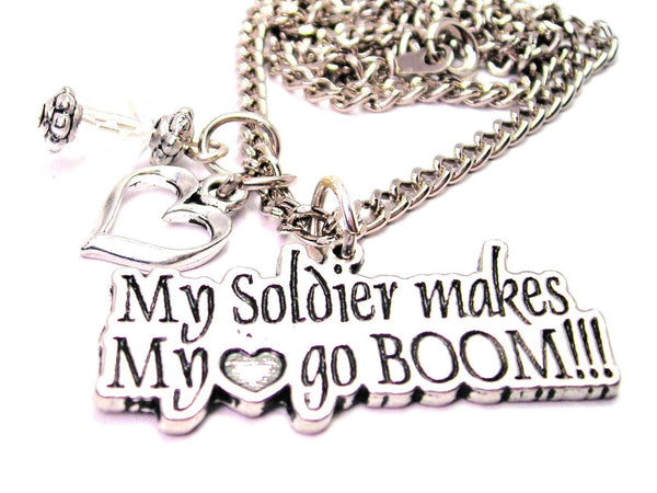 My Soldier Makes My Heart Go Boom Necklace with Small Heart
