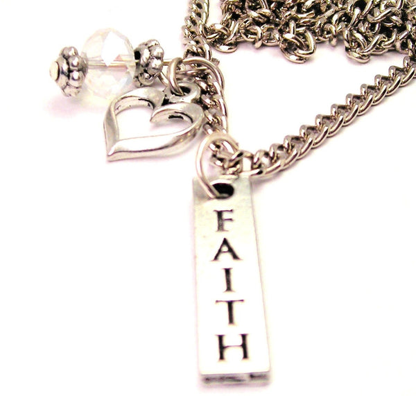 Faith Long Tab Necklace with Small Heart