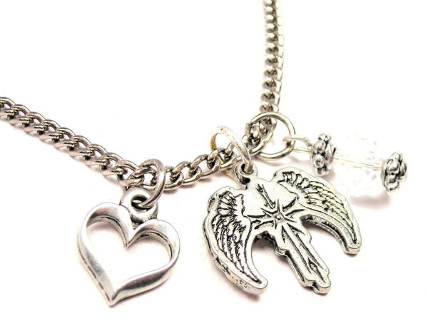 Cross With Wings Necklace with Small Heart