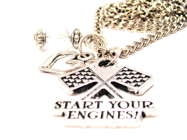 Start Your Engines With Crossed Race Flags Necklace with Small Heart