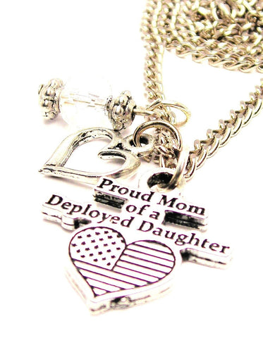 Proud Mom Of A Deployed Daughter With American Flag Heart And Crystal Necklace