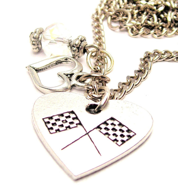 Crossed Race Flags In A Heart Necklace with Small Heart