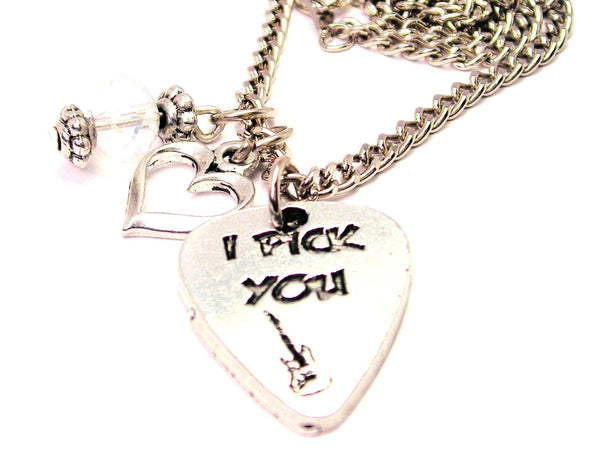 I Pick You Guitar Pick Necklace with Small Heart