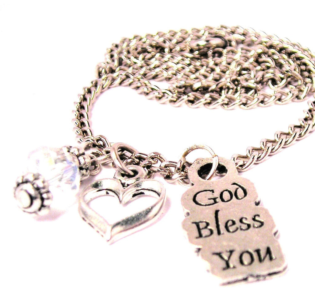 God Bless You Necklace with Small Heart - American Made Pewter