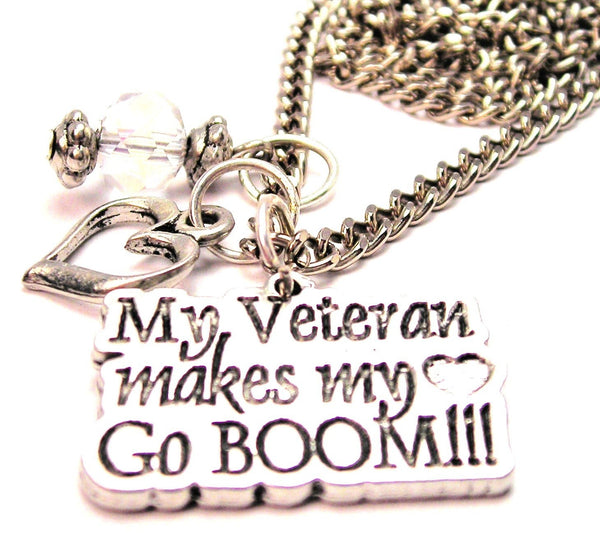 My Veteran Makes My Heart Go Boom Necklace with Small Heart