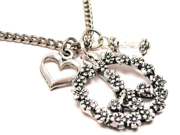 Flowered Peace Sign Necklace with Small Heart